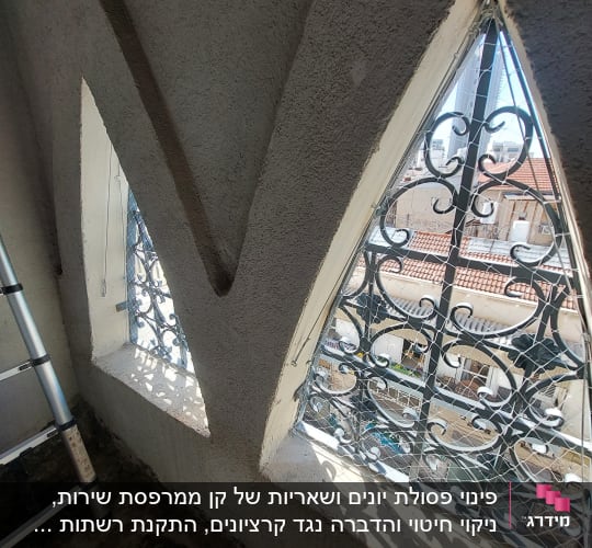 חלון עם סורגים דקורטיביים וסולם בצד